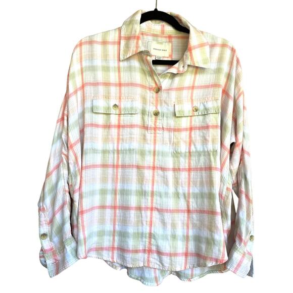 American Eagle XS Plaid Flannel Pullover Pink Tan Cream Button Up EUC - Picture 1 of 5